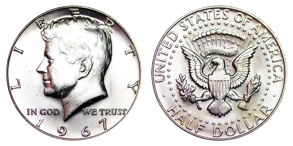 1967 Kennedy half dollar obverse and reverse showing no mint mark and 40% silver composition
