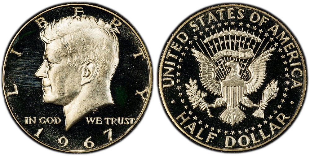 Side-by-side comparison of a standard 1967 SMS Kennedy half dollar versus an SMS Deep Cameo specimen showing frosted portrait against mirror fields