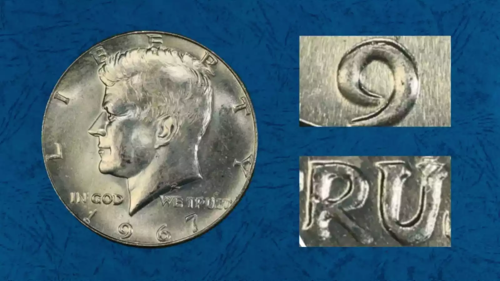Close-up of 1967 Kennedy half dollar DDO FS-102 variety showing strong tripling on IN GOD WE TRUST motto