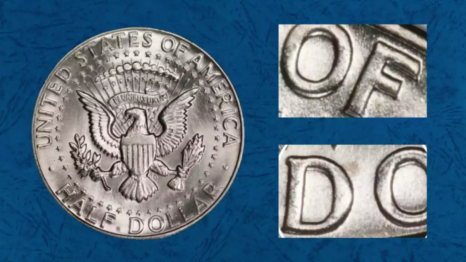 Close-up of 1967 Kennedy half dollar DDR FS-801 showing notching of stars above eagle rays on the reverse