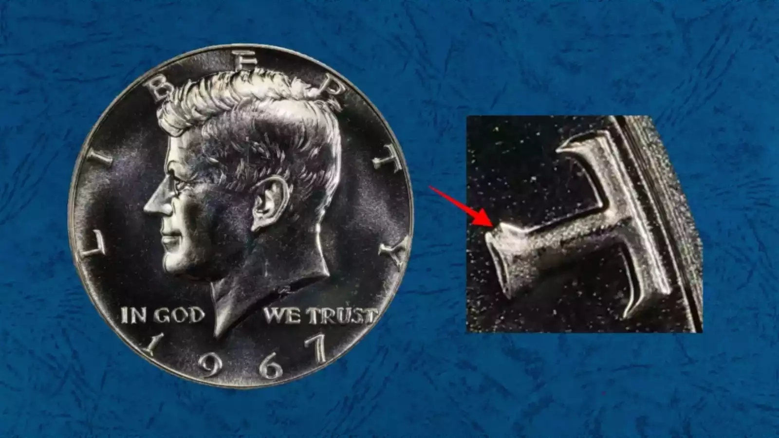 Close-up of 1967 SMS Kennedy half dollar QDO FS-101 quadrupled die obverse showing multiple overlapping impressions on motto