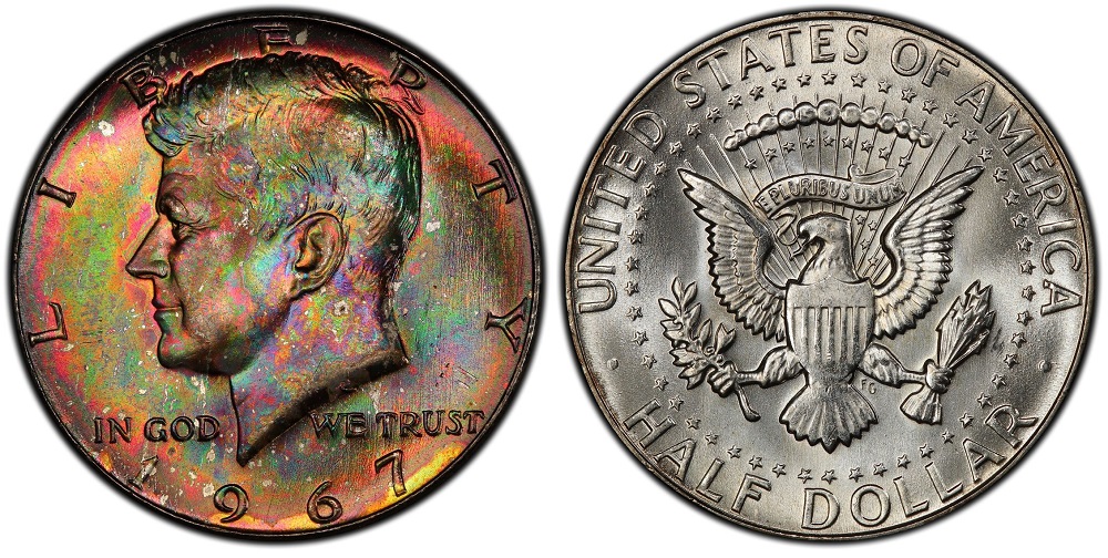 Group of 1967 Kennedy half dollars showing typical specimens from worn circulated to gem uncirculated, illustrating survival population