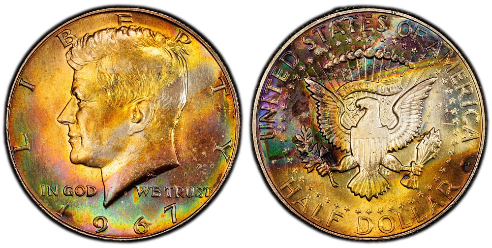 Grading strip showing four 1967 Kennedy half dollars from worn to gem uncirculated illustrating the four condition tiers